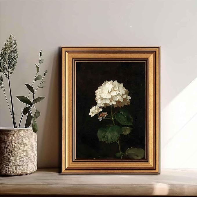 Gold Framed Moody Flower Canvas Wall Art White Hydrangea Living Kitchen painting Decor Pictures Bedroom Vintage Plant Floral Posters Prints for Corridor Classroom Bedroom Woman Room Decoration