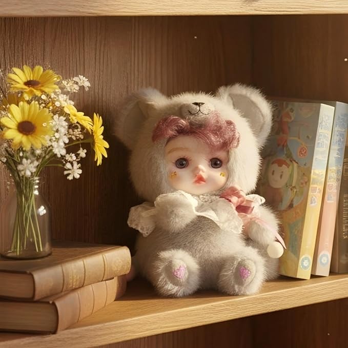 8 Inch Hand-Painted Porcelain Face Doll with Plush ＆ Acrylic Cotton Body, Mini Kawaii High-Color Makeup Ceramic Doll for Room Decor, Birthday Gifts, Collectible ，Name Kira (Grey)