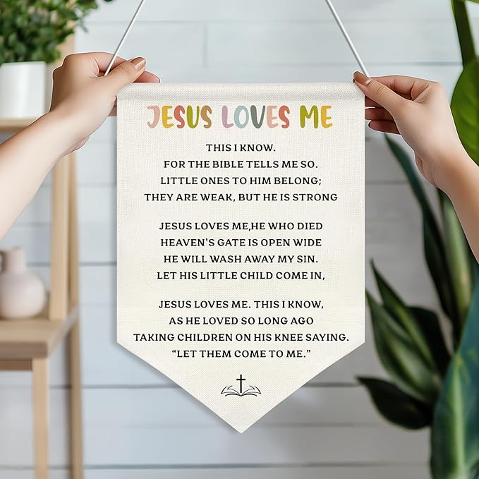 Jesus Loves Me Canvas Wall Hanging Banner for Kids,Christian Bible Verse Poster with Wood Rod, Nursery Sunday School Decor, Religious Gift for Baby or Toddler, 11x16 Inch (KD11)
