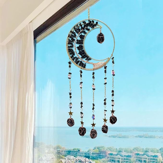 Black Dream Catcher Wall Decor Crystal Tree of Life Dream Catchers with Stone Pendant Handmade Dreamcatcher Wall Hanging Ornament for Bedroom Living Room Home Decor