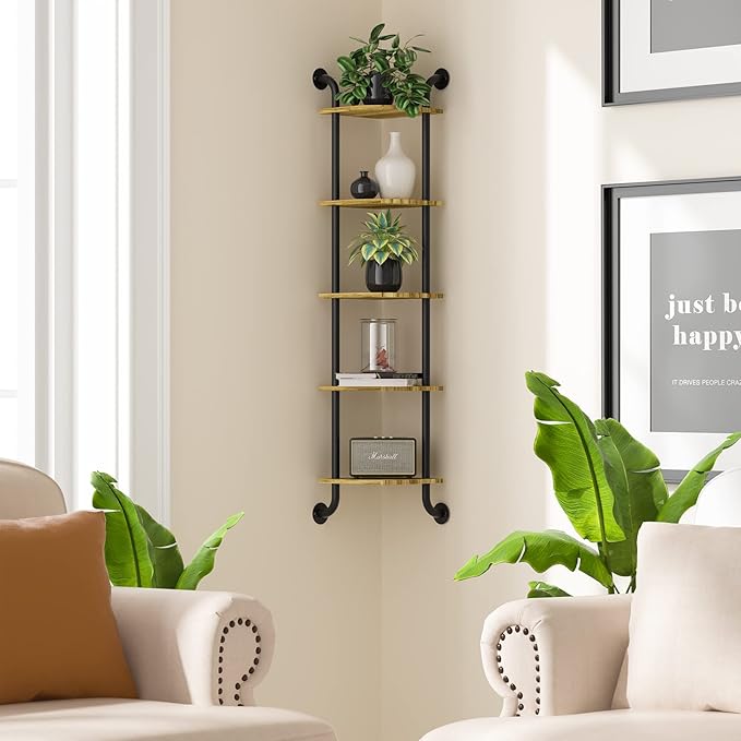 Tinpin Corner Shelf Wall Mount 5-Tier, Wall Decor for Home Living Room Bedroom, Wall Corner Shelves Bookshelf, Rustic Industrial Pipe Shelves Thanksgiving Day, Brown