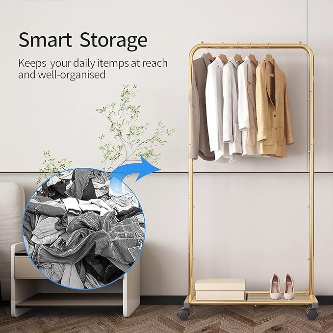 Simple Trending Standard Clothes Garment Rack, Clothing Rolling Rack with Mesh Storage Shelf on Wheels, Golden Yellow