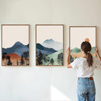 SIGNINART Boho Mountain Framed Canvas Wall Art Set of 3, Watercolor Nature Landscape Art Prints, Modern Sunrise Art Paintings, Green Forest Wall Decor for Living Room, Bedroom, Office 24"x36"x3