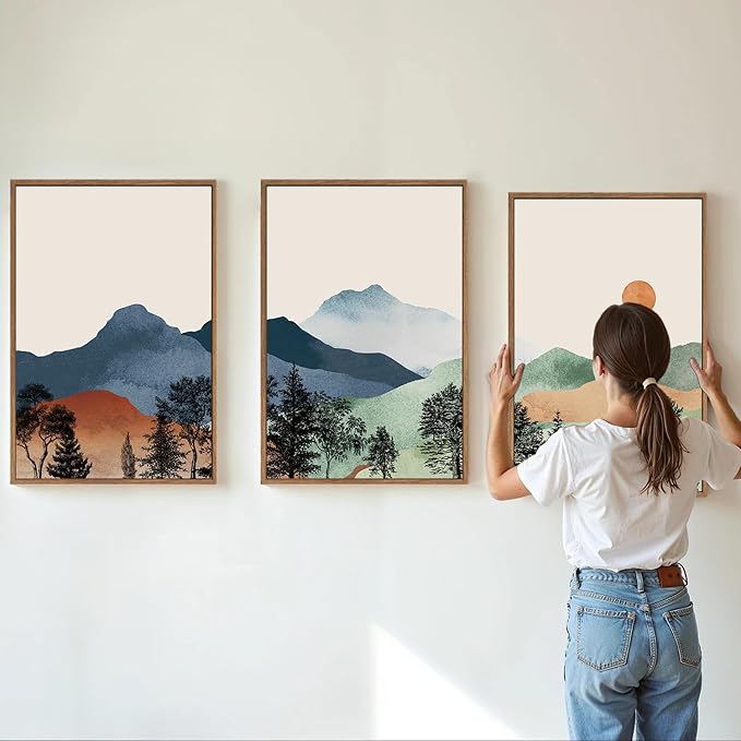 SIGNINART Boho Mountain Framed Canvas Wall Art Set of 3, Watercolor Nature Landscape Art Prints, Modern Sunrise Art Paintings, Green Forest Wall Decor for Living Room, Bedroom, Office 16"x24"x3