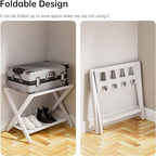 HITNET White Luggage Rack, Folding Suitcase Stand, Bamboo Luggage Holder with Storage for Guest Room Bedroom Hotel