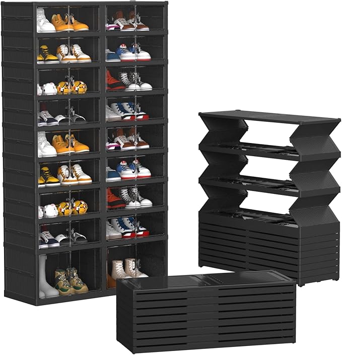 FAHKNS Foldable Shoe Rack, Transparent Shoe Boxes with Magnetic Double Doors, Shoe Organizer Storage for Entryway/Bedroom/Cloakroom, Large Shoe Cabinet with Hidden Bottom Roller 9 Tiers 4 Row (Black)
