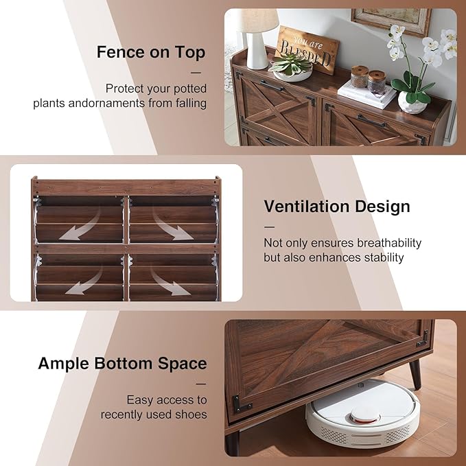 Shoe Storage Cabinet,Farmhouse Shoe Organizer with 4 Flip Drawers & Barn Door Design,Hidden Slim Narrow Shoe Rack Cabinet for Entryway,Foyer,Hallway,Walnut