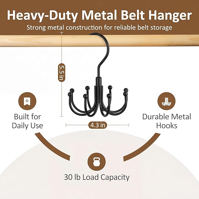ZEDODIER 4 Pack Belt Organizer for Closet, Heavy-Duty Rotating Belt Hanger Rack Holds Multiple Belts, Hanging Space Saving Metal Belt Holder for Closet Storage, Black