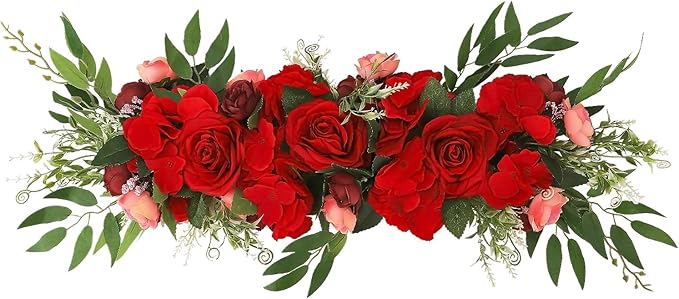 TITA-DONG 25.6inch Artificial Rose Peony Flower Swag, Front Door Peony Floral Arch Garland Swag Hydrangeas Eucalyptus Leaves Wreath for Wedding Arch Front Door House Wall Decoration(red)