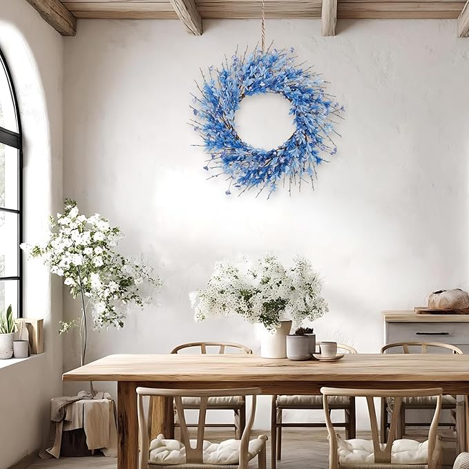 24 Inch Artificial Blue Forsythia Flower Wreath, Silk & Paper Bridal Floral Wreath for Front Door, Elegant Beach Nautical Themed Wedding & Spring Summer Decor, All Season Farmhouse Porch Wall Decor