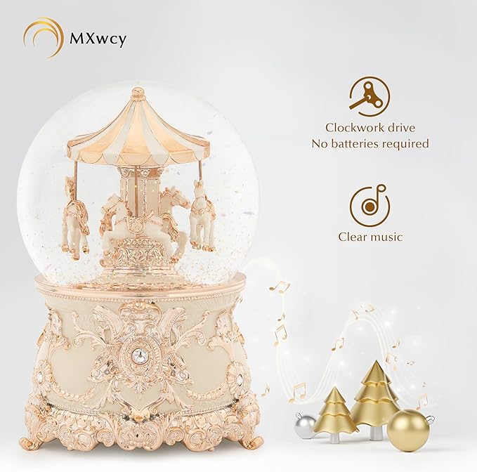Carousel Music Box Rose Gold Christmas Snow Globes, 7.1" Glass Rotate Carousel Snow Globe for Kids & Adults, Classic Wind up Musical Snow Globe Valentines Day Gifts, Carousel Horse Home Decor