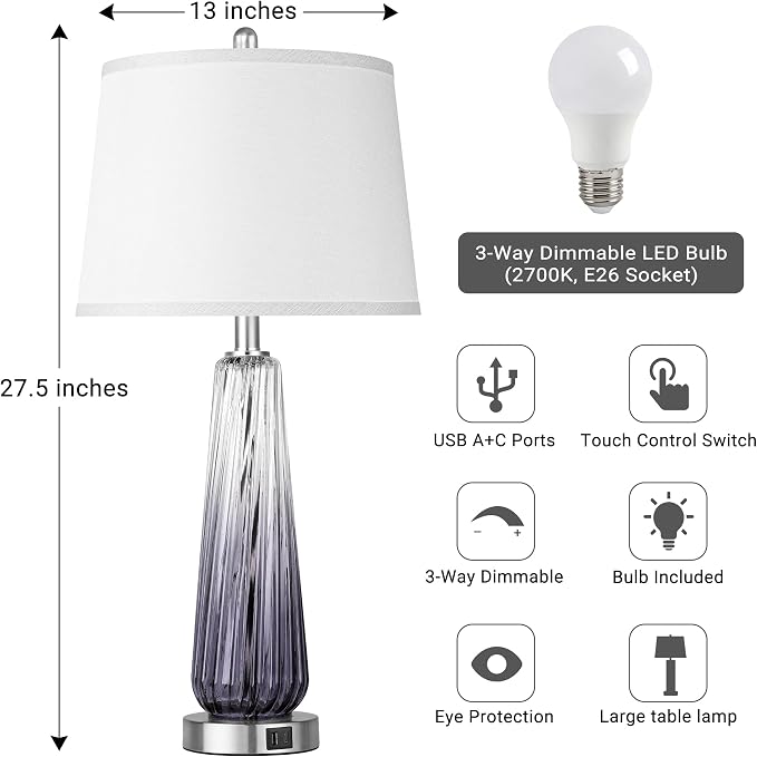 Glass Table Lamps for Living Room, Modern Bedside Lamps with USB A+C Ports, 3-Way Dimmable Touch Control Nightstand Lamp with White Linen Shade, 27.5" Large Lamps for Bedrooms Decor, Grey, 1 Pack