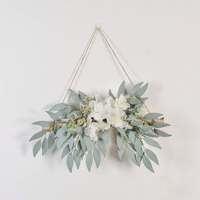 Artificial Hydrangea Swag,Handmade Floral Swag Garland Wall Decor with White Hydrangea Flowers and Willow Leaves Decorative Log Branch Hanging Hoop for Wall Window Bohemian,11.8