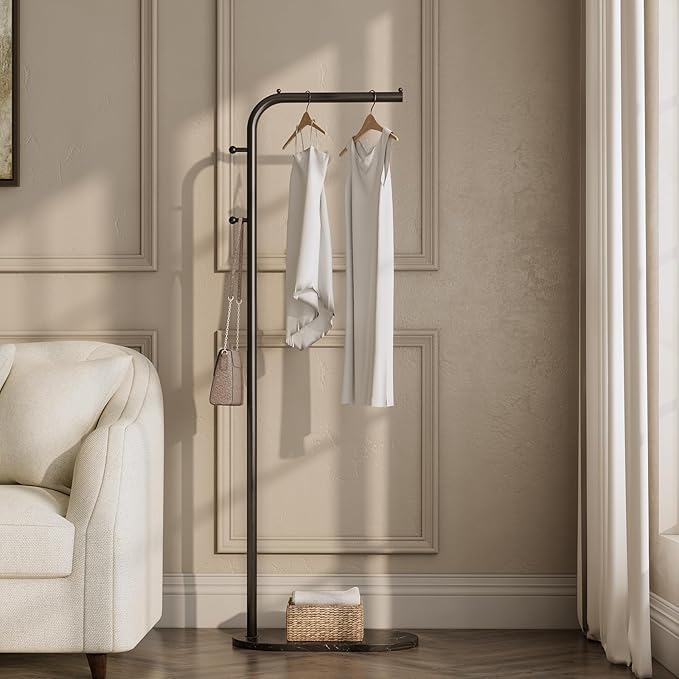 Freestanding Clothing Rack with Marble Base, Modern Garment Rack for Small Spaces, Sturdy Metal Coat Rack with Hooks, Clothes Rack for Hanging Clothes in Bedroom, Closet, Entryway (black)