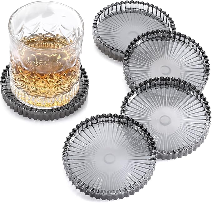 Modern Clear Coaster Set of 5- Glass Coasters for Drinks Crystal Coasters Round Cup Coasters Coffee Table Decor for Office, Kitchen, Bar, Dining Room, Living Room, Patio (Clear Black)