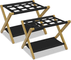 Heybly Luggage Rack, Pack of 2, Folding Suitcase Stand with Storage Shelf, Heavy-Duty Luggage Holder for Guest Room Bedroom Hotel, Holds up to 165 lb,Natural, HLR010N2