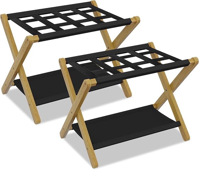 Heybly Luggage Rack, Pack of 2, Folding Suitcase Stand with Storage Shelf, Heavy-Duty Luggage Holder for Guest Room Bedroom Hotel, Holds up to 165 lb,Natural, HLR010N2