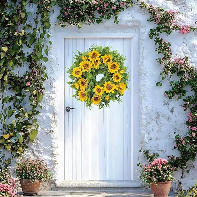 20 Inch Spring Sunflower Wreath for Front Door - Artificial Yellow Floral Front Door Decor with Sunflowers and Green Leaves, Cheerful Farmhouse Porch Indoor Outdoor for All Seasons Decor