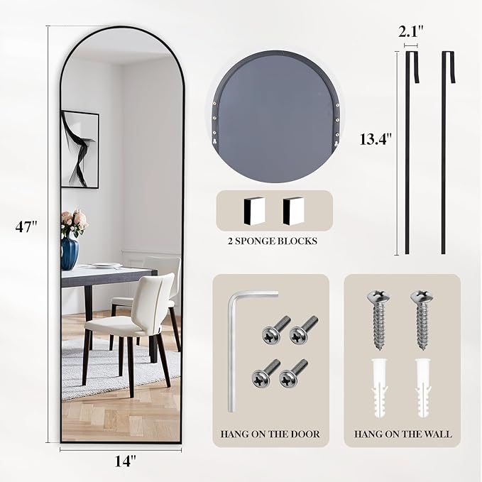 DUMOS 47"x14" Full Length Door Mirror, Arched Full Body Mirror with Aluminum Alloy Thin Frame, Leaning or Hanging, Suitable for Bedroom, Livingroom, Cloakroom, Black