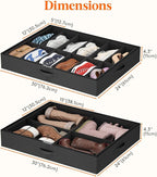 Lifewit Under Bed Shoe Storage Organizer 2 Pack(12 Pairs+4 Pairs), 4.3" Tall Fabric Shoes Container Box, Foldable Closet Shoe Bag with 2 Reinforced Handles and Clear Cover, Black