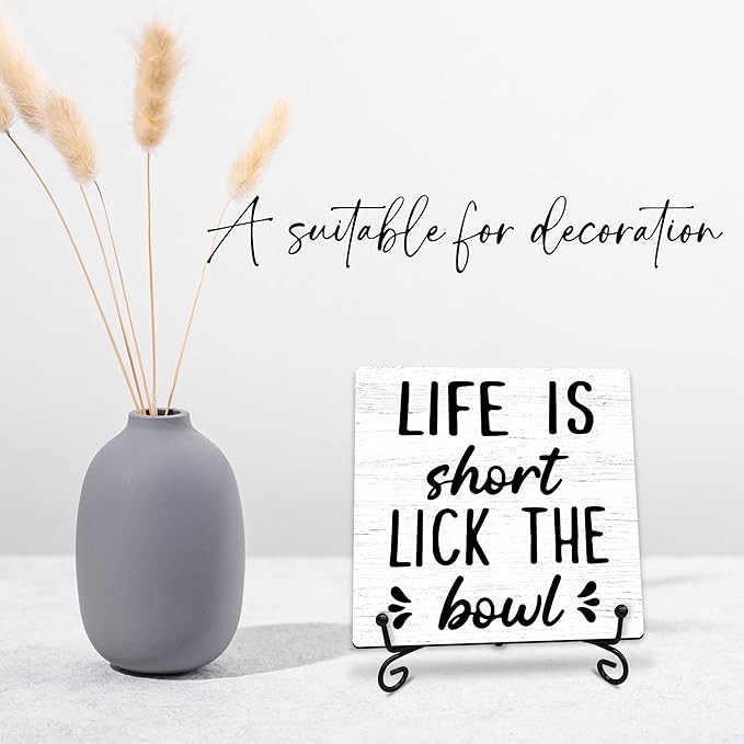 Life is Short Lick the Bowl Wooden Sign - 5" Funny Wooden Plaque With Metal Support - Rustic Tabletop Bathroom, Toilet, Kitchen Room Decor - Housewarming Gifts For Family & Friends - A01
