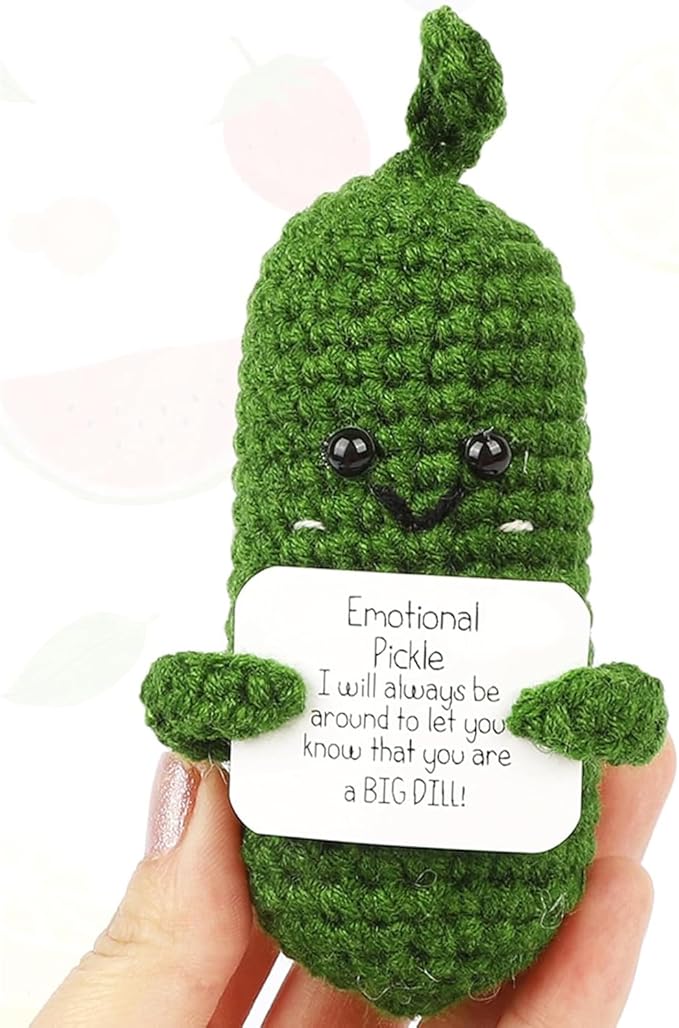 DAFURIET Mini Funny Pickle, 3 inch Knitted Wool Doll with Card for Cheer Up Galentines Valentine’s Gifts and Party Decorations, Cute Emotional Crochet Pickle for Birthday Easter