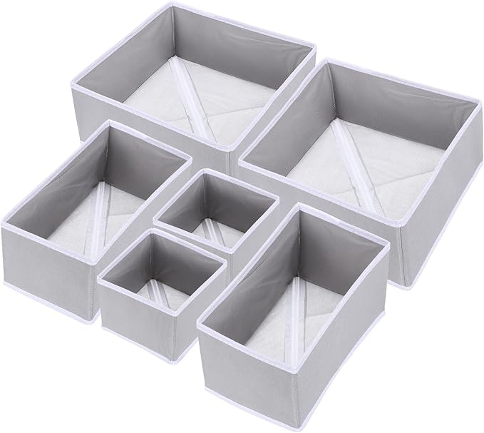 uxcell 1 Set Foldable Cloth Storage Box, 6 Slots Fabric Socks Underwear Drawer Dividers Organizers Baskets Bins for Clothes Socks Scarves Ties, Light Gray