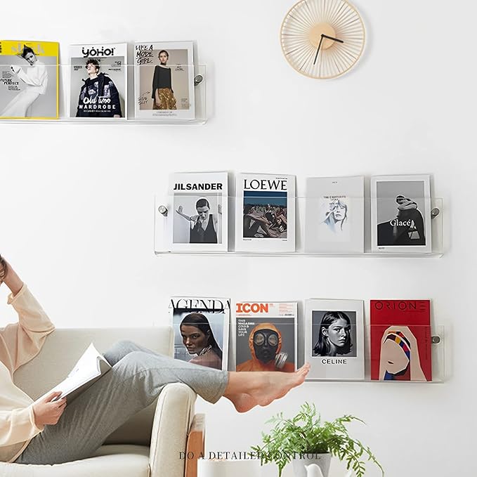 4-Pack 17" Acrylic Magazine Holder Vinyl Records Holder, Display Floating Bookshelves Wall Mounted, Hanging Nursery Book Shelves for Waiting Room, Living Room, Office