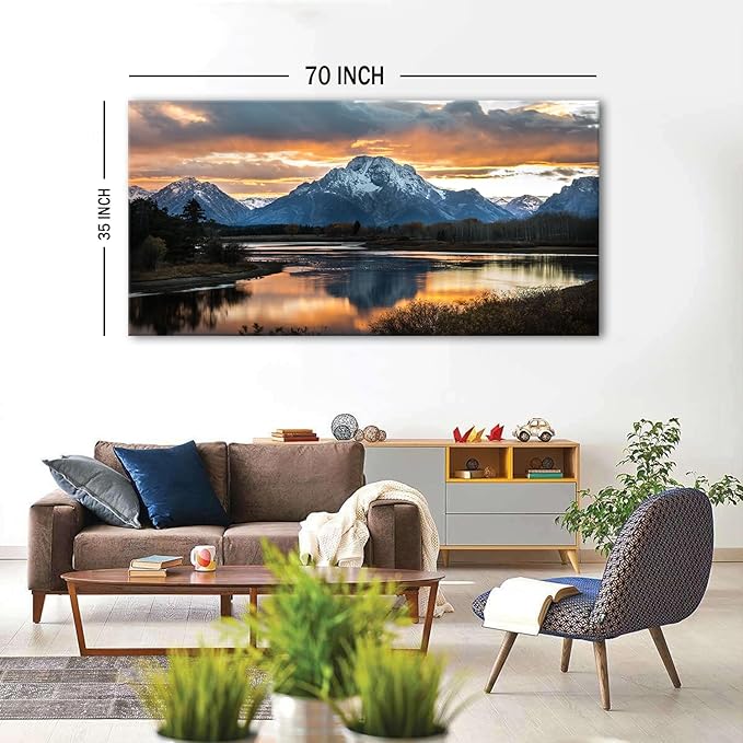 Extra Large Mountain Wall Art for Living Room Sunset Nature Grand Teton Wall Decor National Park Posters Wyoming Snake River Landscape Canvas Prints Artwork for Bedroom Office Home Decoration 35x70"