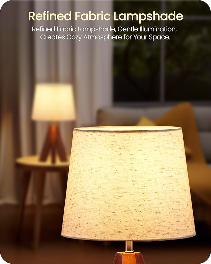 Tripod Table Lamps Set of 2, Small Bedside Lamps, Modern Nightstand Lamp with Dark Pearwood Base & Beige Shade, Boho Desk Light for Bedroom, Kids Room, Living Room, Office, Study, LE51TLP205