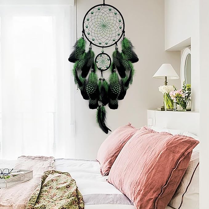Green and Black Dream Catcher Wall Decor Feather Dream Catchers with Luminous Bead Handmade Dreamcatcher Wall Hanging Ornament for Bedroom Living Room Home Decor