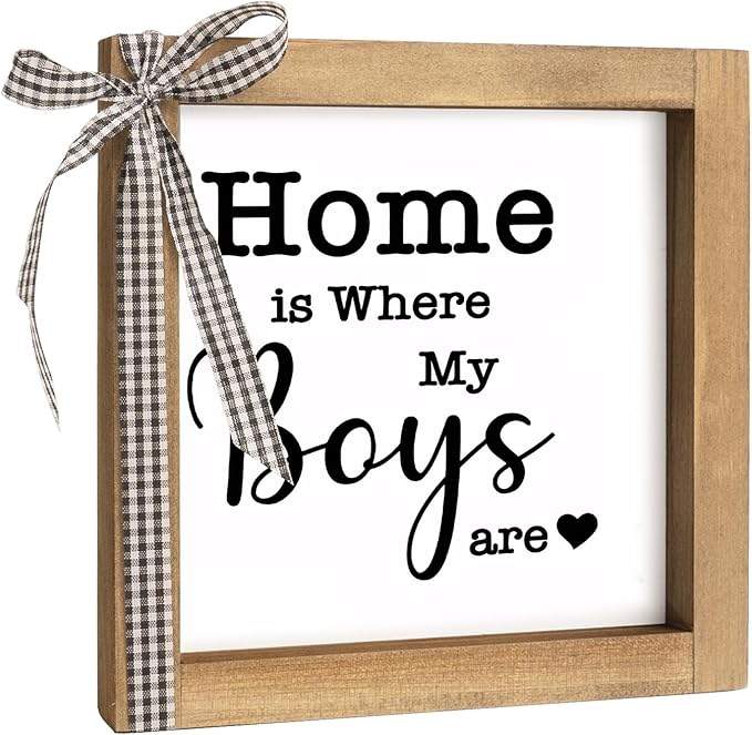 Home is Where My Boys are Sign, 6×6 Inch Wood Framed Mothers Day Gifts for Mom, Rustic Family Quote Decor Home Table Desk Shelf Living Room