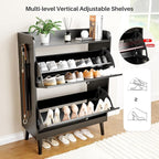 Shoe Storage Cabinet with 2 Flip Drawers, Freestanding Entryway Shoe Cabinet with 2 Side Hooks & Adjustable Shelves Slim Shoe Organizer Cabinet Narrow Shoe Rack for Entrance Hallway Front Door,Black