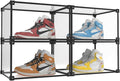 Magnetic Side Open Transparent Plastic Storage Shoe Box Clear Shoe Display Case Sneaker Shoe Storage Box Display Box Shoe Container Clear Closet Shelf Shoe Organizer (Black 4PC)