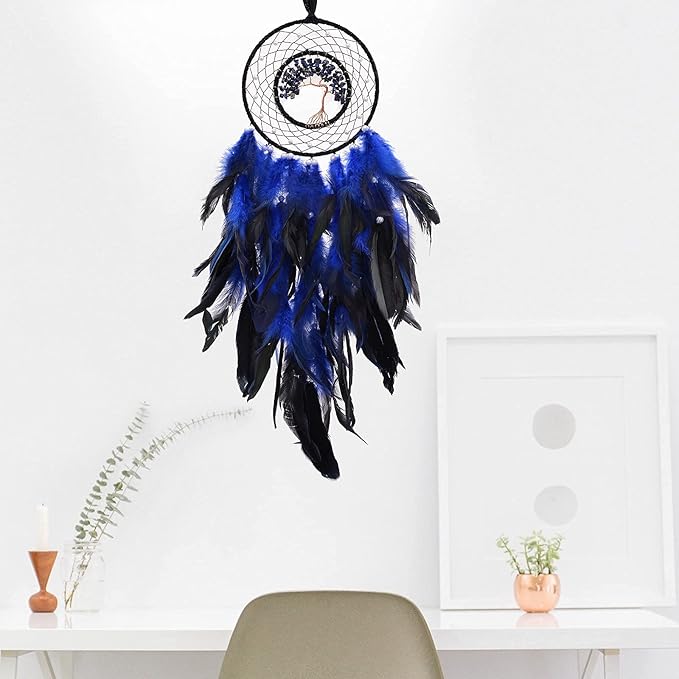 Dreamlike Deep Blue Tree of Life Dream Catcher Wall Decor with Healing Crystal Stone Handmade Feather Dream Catchers Decoration Wall Hanging for Girls Bedroom Living Room Wedding Party Home Décor