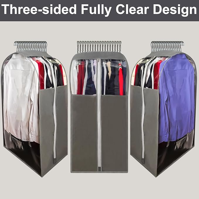 15" Gusseted Suit Bags for Closet Storage, 40" Clear Garment Bags for Hanging Clothes, Completely Sealed Suits Covers and Dust-proof Protector with Full Heavy-duty Side Zipper for Travel, 4-Pack