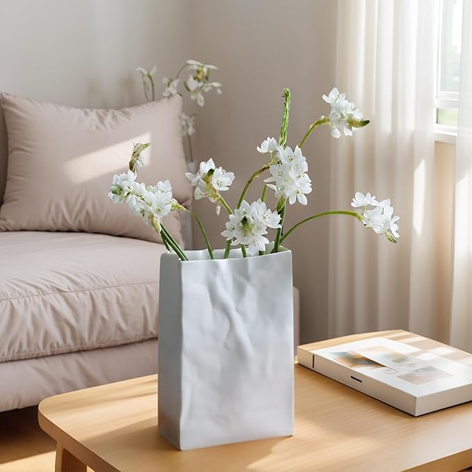 Crinkle Paper Bag Ceramic Vase, 7.8 Inch Square Wide Mouth Pleated Planter, Unique White Matte Vase, Minimalist Boho Pot for Flower Arrangement Table Centerpiece Home Office Bookshelf Decor