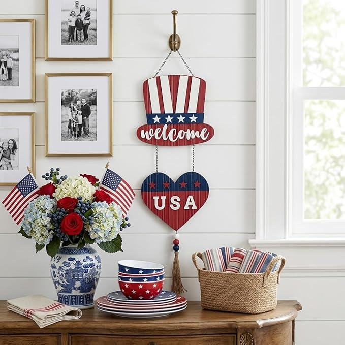 Valery Madelyn 4th of July Wreath, Patriotic Wreath for Front Door, Red White and Blue Top Hat and Heart Wall Signs for Memorial Day Independence Day USA 250th Anniversary, 22 inch