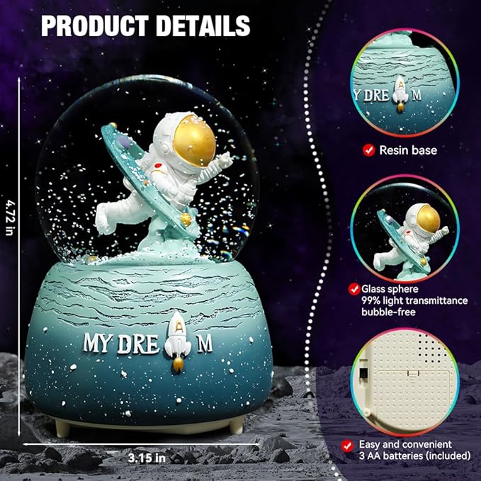 Snow Globe, Snowglobe for Kids Outer Space Water Snow Globes LED Light Change Music Box Home Christmas Decor for Kids, Decorations for Christmas & Birthday(A)
