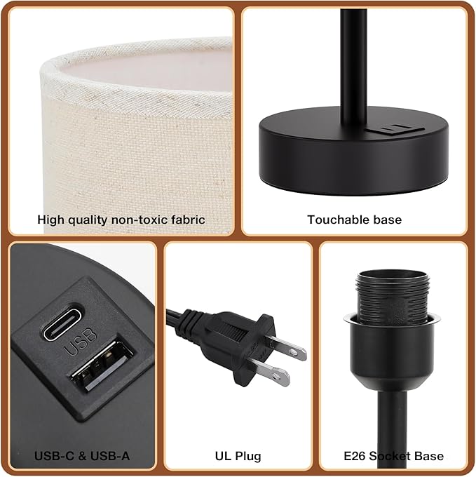 Dicoool Beige Touch Lamp for Bedroom with USB - 3 Way Dimmable Table Lamp for Nightstand, Small Lamp with Black Charging Station for Desk Dorm, Office, Nursery