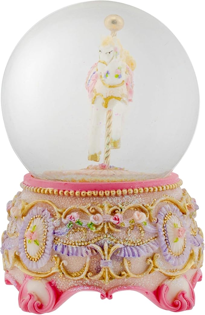 Elanze Designs Pink Rose Horse and Carousel 100MM Sturdy Wind Up Musical Glitter Water Snow Globe Tabletop Dresser Figurine Decoration Plays Tune Carousel Waltz