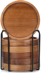 6 Pcs Best Wooden Coasters with Holder Coffee Table Decor Acacia Wood Coaster Set Modern Cup Coaster for Drink Home Dining Table Kitchen Accessories Cute Beer Bar Decorative Rustic Outdoor Coasters