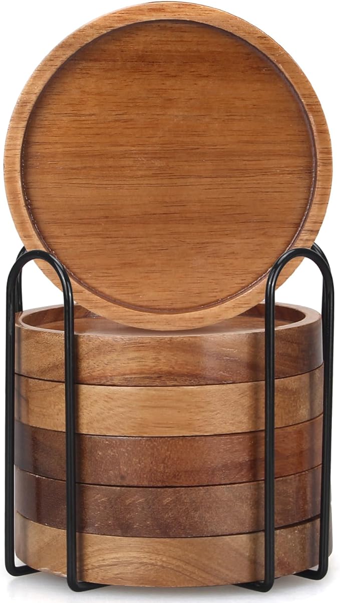 6 Pcs Best Wooden Coasters with Holder Coffee Table Decor Acacia Wood Coaster Set Modern Cup Coaster for Drink Home Dining Table Kitchen Accessories Cute Beer Bar Decorative Rustic Outdoor Coasters