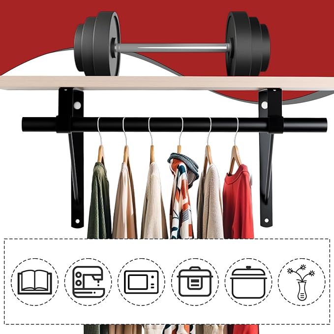 10 Pack Heavy Duty Closet Shelf & Rod Brackets, Wall Mounted Closet Shelves Bracket with Rod Support for Both Shelf Storage and Closet Rod Black,HOME MASTER HARDWARE