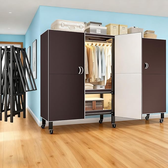 Heavy Duty Portable Closet with Cover Magnetic Doors, Metal Rolling Clothes Rack Heavy Duty 1500LBS, Foldable Clothing Rack, Garment Racks for Bedroom/LivingRoom/Rental (KT Coffee, 70.86in)