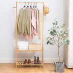Bamboo Clothing Rack with Top Hanging Garment Rod, 2 Side Hooks & Bottom 2-Tier Shelves – Space-Saving Organizer for Clothes, Hats, Bags & Shoes