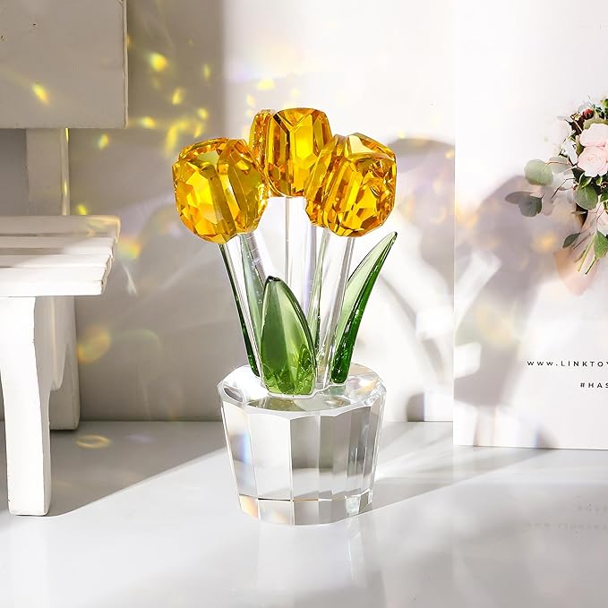 Movdyka Tulips Glass Flowers Figurines Crystal Decor Collectible Crystal Yellow Flowers Bouquet Ornaments Tulip for Women on Anniversary Wedding Christmas Valentines