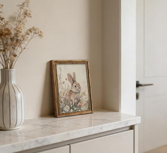 Vintage Gold Framed Bunny Wall Art, Spring Rabbit and Wildflowers Cottagecore Painting Canvas Print, Country Animal Picture Wall Decor, Rustic Farmhouse Floral Poster Artwork for Living Room Bedroom