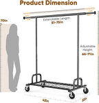 HOKEEPER Clothes Rack Collapsible Clothing Garment Rack Capacity 525LBS Clothing Racks on Wheels Heavy Duty Rolling Clothes Rack for Hanging Clothes for bedroom, Commercial, Black 22"D x 75"W x 71"H