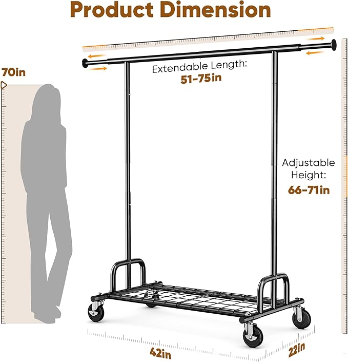HOKEEPER Clothes Rack Collapsible Clothing Garment Rack Capacity 525LBS Clothing Racks on Wheels Heavy Duty Rolling Clothes Rack for Hanging Clothes for bedroom, Commercial, Black 22"D x 75"W x 71"H